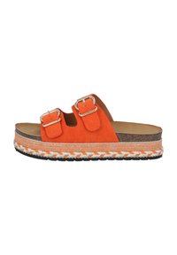 Orange rusk sandals med to justerbare spænder, tyk flettet platformsål med multicolor accenter og struktureret gummibund for godt greb.