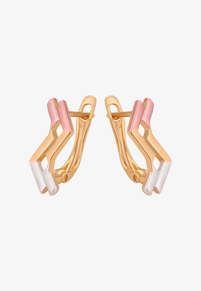 Arany színű karika fülbevalók geometrikus mintával, rózsaszín és fehér díszítéssel. Simára polírozott felület és biztonságos zár.