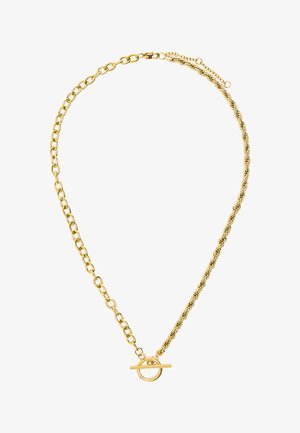 Złoty naszyjnik z łańcuszka o dwóch różnych stylach ogniw oraz okrągłym zapięciem na toggle.