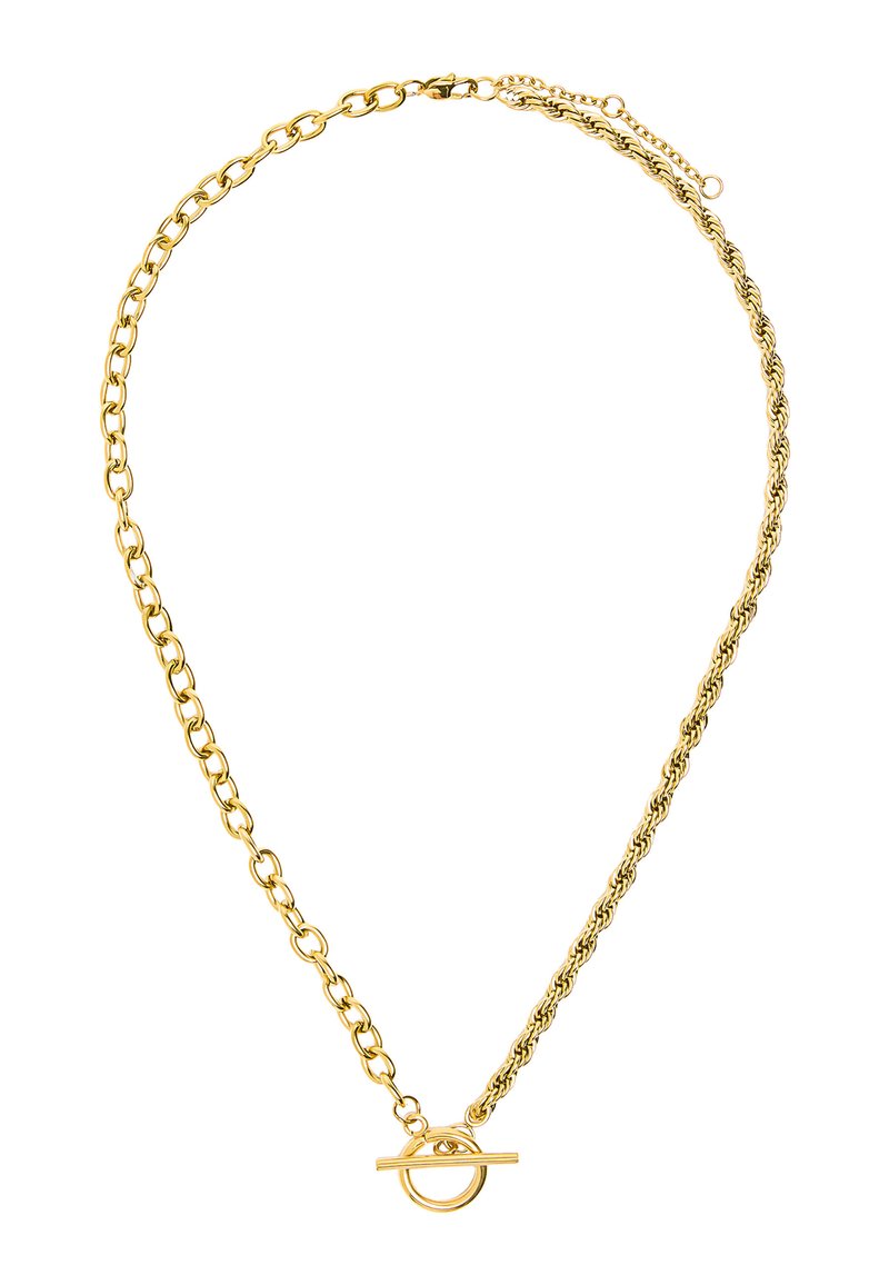 Złoty naszyjnik z łańcuszka o dwóch różnych stylach ogniw oraz okrągłym zapięciem na toggle.