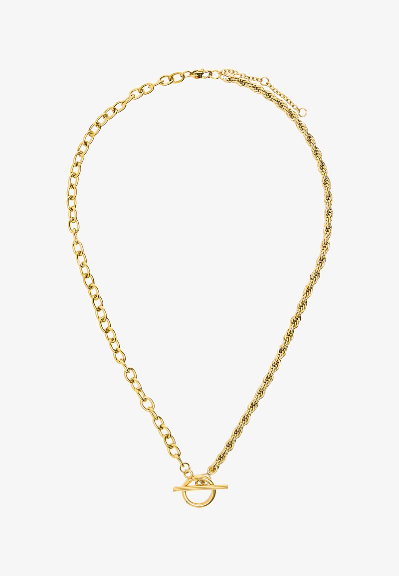 Złoty naszyjnik z łańcuszka o dwóch różnych stylach ogniw oraz okrągłym zapięciem na toggle.