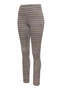 Beige en marineblauwe broek met een geruit patroon, gemaakt van rekbaar materiaal met een elastische taille, met een slim-fit design en een enkellange snit.