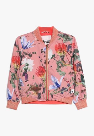 Rosa Blumen-Bomberjacke mit roten und blauen Blumen, grünen Blättern, goldenem Reißverschluss und korallenfarbenen, gerippten Bündchen und Kragen, sichtbares Größenetikett Medium.