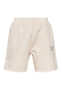 Beżowe bawełniane szorty z elastycznym pasem, bocznymi kieszeniami oraz jasnoszarym logo na lewej uda. Luźny krój, gładka faktura i przeszywany dół.