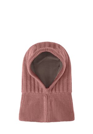 Pasamontañas rosa de punto con textura acanalada y cara abierta, diseñado para cubrir la cabeza y el cuello para dar calor.