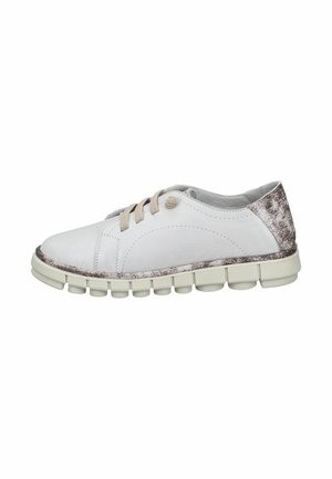 White leather casual shoe with beige laces, flexible segmented sole, and textured brown heel accent, side view.