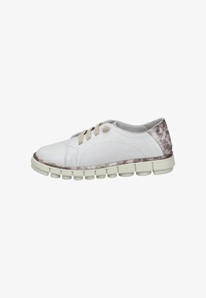 White leather casual shoe with beige laces, flexible segmented sole, and textured brown heel accent, side view.