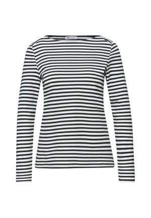 Maglietta a maniche lunghe a righe orizzontali bianche e nere con scollo rotondo, mostrata su sfondo bianco, senza motivi o loghi visibili.