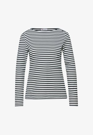 Chemise à manches longues noire et blanche avec rayures horizontales, col rond, présentée sur un fond blanc, sans motifs ni logos visibles.