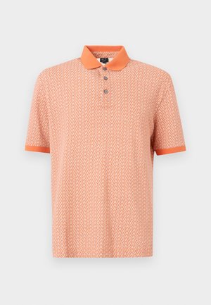 Kurzärmliges Poloshirt in Orange mit geometrischem Muster und kontrastierendem Kragen. Drei-Knopf-Leiste und einfarbige Manschetten.