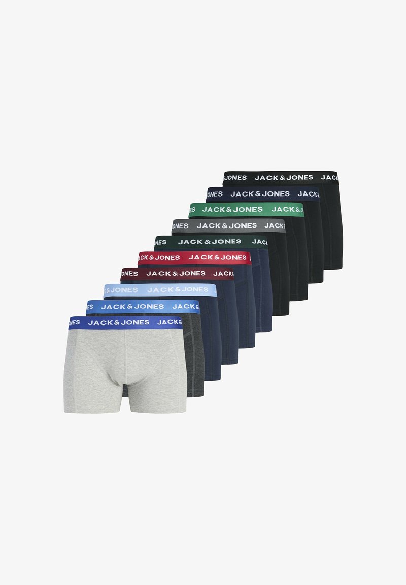 Zehn Paar Herren-Boxershorts in verschiedenen Farben, jeweils mit einem markierten "JACK & JONES"-Bund, in einer versetzten Reihe angeordnet.