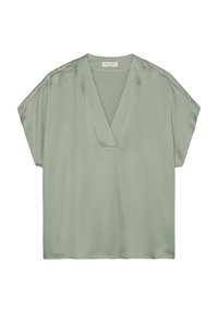 Blusa a maniche corte di colore verde salvia in tessuto morbido, con scollatura a V e vestibilità rilassata. Caratterizzata da una leggera lucentezza e un design pulito e minimalista.