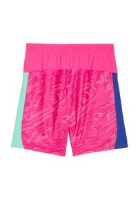 Różowe szorty sportowe z teksturowanym, abstrakcyjnym wzorem. Kolorowe boki w kolorze mięty i granatu. Z elastycznym paskiem w talii.