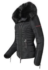 Giacca a vento nera con cappuccio in pelliccia sintetica, zip frontale, dettagli a coste sulle spalle e tasche laterali. Tessuto texture con un design imbottito.