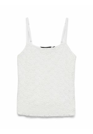 White sleeveless lace top with thin adjustable shoulder straps and floral textured pattern.