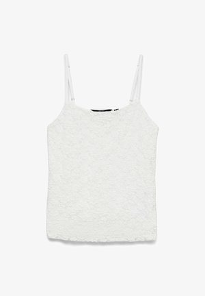 White sleeveless lace top with thin adjustable shoulder straps and floral textured pattern.