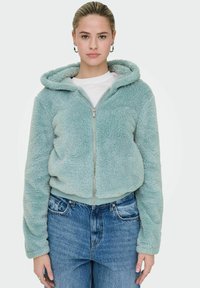 Faux fur zip-up hoodie in light blue-green, featuring a hood, ribbed cuffs, and waist, paired with high-waisted denim jeans.