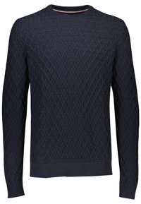 Marineblauer Strickpullover mit einem strukturierten Rautenmuster, Rundhalsausschnitt, gerippten Bündchen und Saum, gefertigt aus einem weichen Stoff, der sich gut für die Freizeitmode eignet.