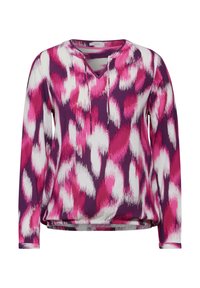 Top a maniche lunghe in un motivo astratto nei colori viola, rosa e bianco, con scollatura a V e dettaglio con coulisse, realizzato in tessuto morbido e leggero.