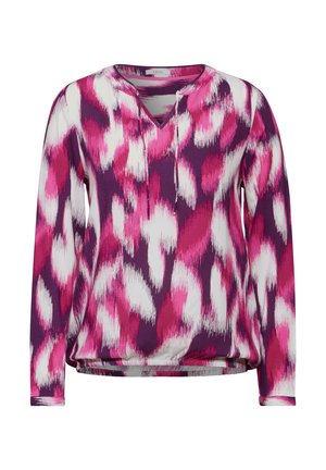 Haut à manches longues dans un motif abstrait violet, rose et blanc, avec un décolleté en V et un détail à cordon de serrage, fabriqué à partir d'un tissu doux et léger.