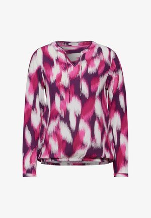 Langärmliges Oberteil in lila, pink und weißem abstraktem Muster, mit V-Ausschnitt und Kordelzugsdetails, aus weichem, leichtem Stoff gefertigt.