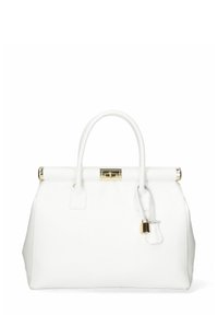Biała skórzana torebka o sztywnej formie, z dwoma górnymi uchwytami, złotymi akcentami z metalu oraz szczegółem w postaci kłódki na bocznym pasku.