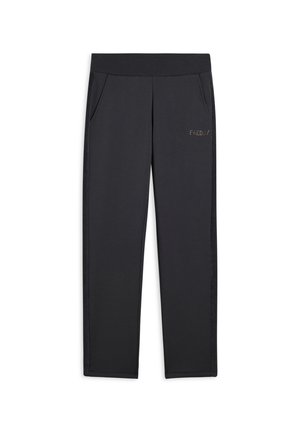 Pantalones de tela negra con una amplia cinturilla elástica, que cuentan con bolsillos laterales y un sutil logo "FREDDY" en la parte delantera. Textura suave.