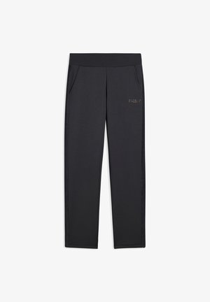 Pantalones de tela negra con una amplia cinturilla elástica, que cuentan con bolsillos laterales y un sutil logo "FREDDY" en la parte delantera. Textura suave.