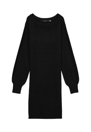 Černé žebrované pletené šaty s dlouhými širokými rukávy a kulatým výstřihem. Látka má texturovaný povrch a volný střih.