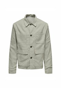 Hellgraue Jacke aus strukturiertem Stoff, mit Knopfleiste, spitzen Kragen und zwei großen Fronttaschen.
