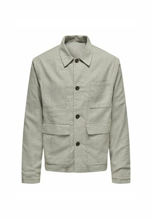 Hellgraue Jacke aus strukturiertem Stoff, mit Knopfleiste, spitzen Kragen und zwei großen Fronttaschen.