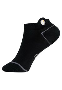 Schwarze Knöchelsocken aus Mischgewebe, mit einem weißen und gelben gestickten Pinguin an der Ferse und grauen Akzenten.