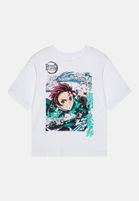 White cotton t-shirt featuring a vibrant graphic of a character wielding a sword, surrounded by waves and clouds, with text in Japanese.