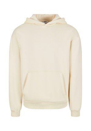 Felpa color crema realizzata in materiale morbido. Presenta una tasca a marsupio anteriore, cappuccio con coulisse e polsini e orlo a costine.