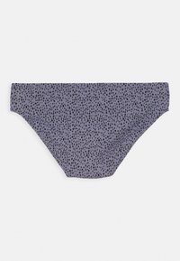 Lilla bikini-bunn med et strukturert mønster av små svarte prikker, som har en glatt overflate og elastisk midjebånd for en behagelig passform.