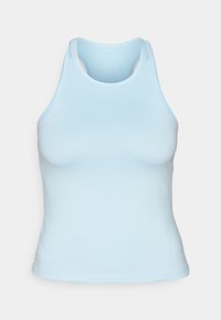 Light blue sleeveless tank top made of stretchy fabric, featuring a round neckline and racerback design, with a smooth, fitted silhouette.