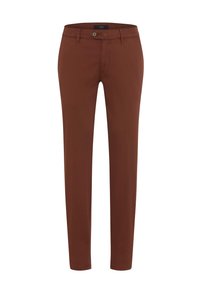 Braune Baumwoll-Chinos mit slim fit, Reißverschluss, Knopfverschluss, Fünf-Taschen-Design und glatter Textur.
