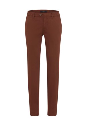 Brown cotton chinos with a slim fit, zipper fly, button closure, five-pocket design, and smooth texture.