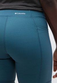 Κοντινό πλάνο ατόμου που φοράει κολάν Columbia σε τυρκουάζ χρώμα με ορατό λογότυπο και πλαϊνή τσέπη, σκούρο πουκάμισο, σε απλό ανοιχτό φόντο.