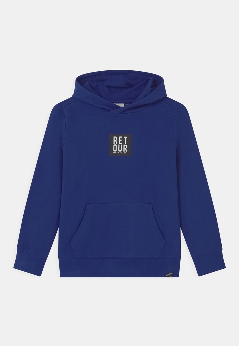 Sweat à capuche bleu marine en tissu doux avec une poche kangourou à l'avant et un logo carré blanc et noir sur la poitrine. Manches longues avec poignets côtelés.