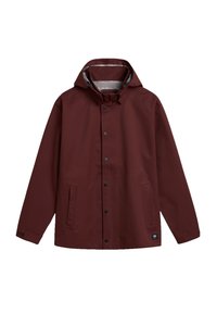 Maroon hooded rain jacket made of water-resistant fabric, featuring black buttons, front pockets, and a gray inner lining.