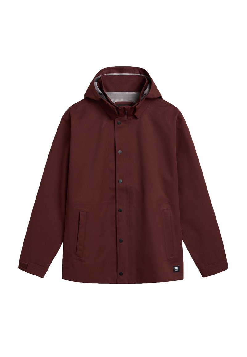 Maroon hooded rain jacket made of water-resistant fabric, featuring black buttons, front pockets, and a gray inner lining.