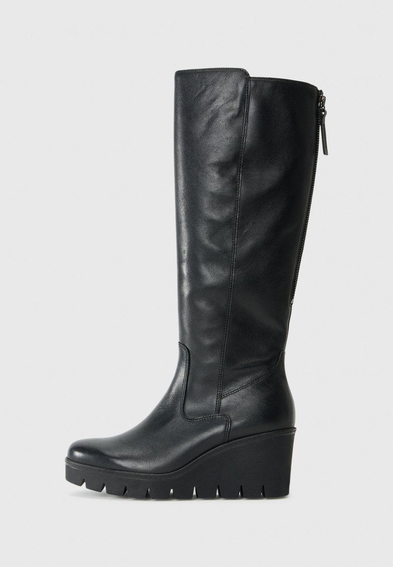 Black leather knee-high boots with a sleek design, wedge sole, textured finish, and side zipper closure for easy wear.