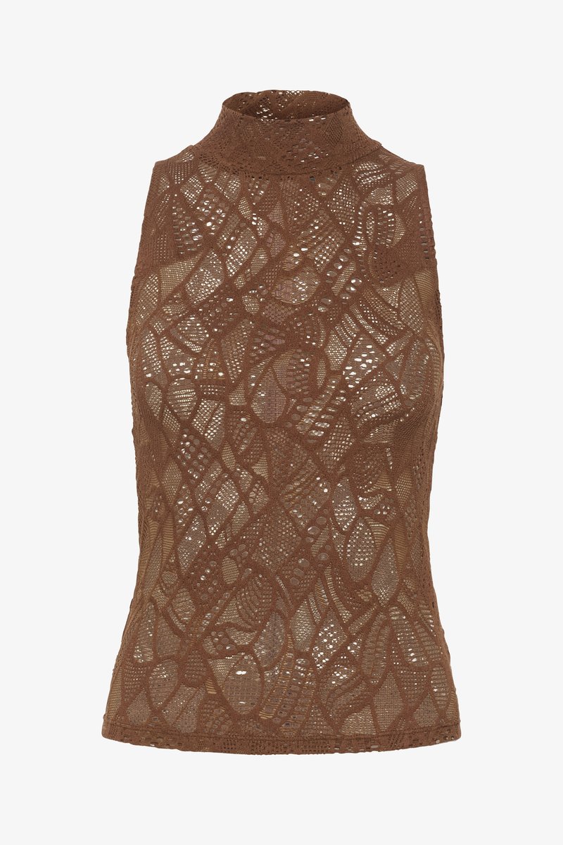 Haut halter en dentelle marron avec un col haut, présentant des motifs ouverts élaborés et une silhouette ajustée. Tissu léger et texturé.