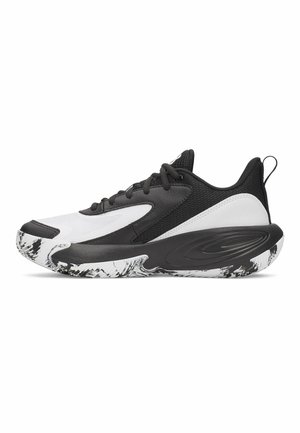 Zapatilla deportiva en blanco y negro con cierre de cordones, parte superior transpirable y suela texturizada con patrón marmoleado en blanco y negro.