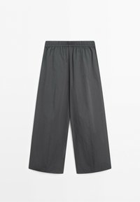 Dark gray wide-leg pants with an elastic waistband, made from lightweight fabric, laid flat on a white background.