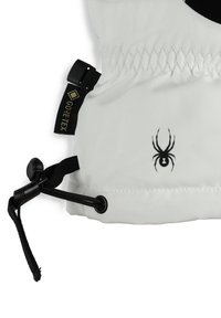 Sac en tissu blanc avec un logo de spider noir. Comprend une fermeture à cordon noir et une étiquette Gore-Tex avec des accents dorés. Texture lisse et durable.