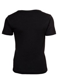 Black short-sleeve t-shirt with a round neckline. Made from soft, stretchy fabric. Seamless back with a plain design.