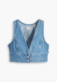 Denim crop väst i ljusblått med djup V-ringning, ärmlös design, två framknappar och sömdetaljer. Platt textur med minimala accenter.