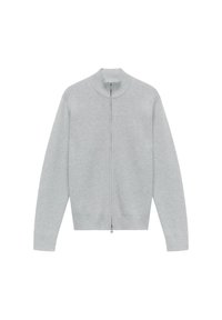 Grå zip-up sweater med høj krave, blød tekstur, ribbede manchetter og kant. Ingen synlige mønstre eller accenter. Letvægts og afslappet design.